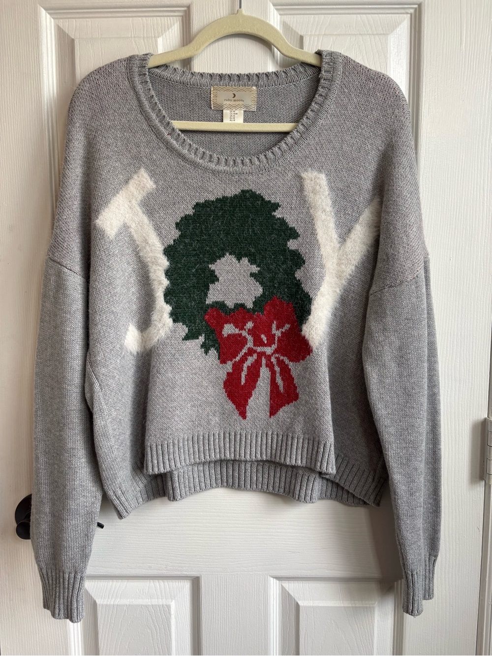 Ruby Moon Semi-Cropped Crewneck Joy Wreath Holiday Sweater, Size Medium